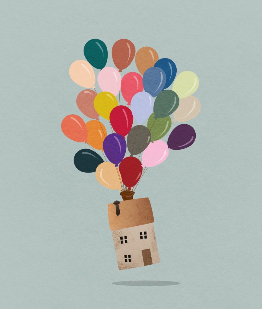 illustration d'une maison qui s'envole avec des ballons de couleur