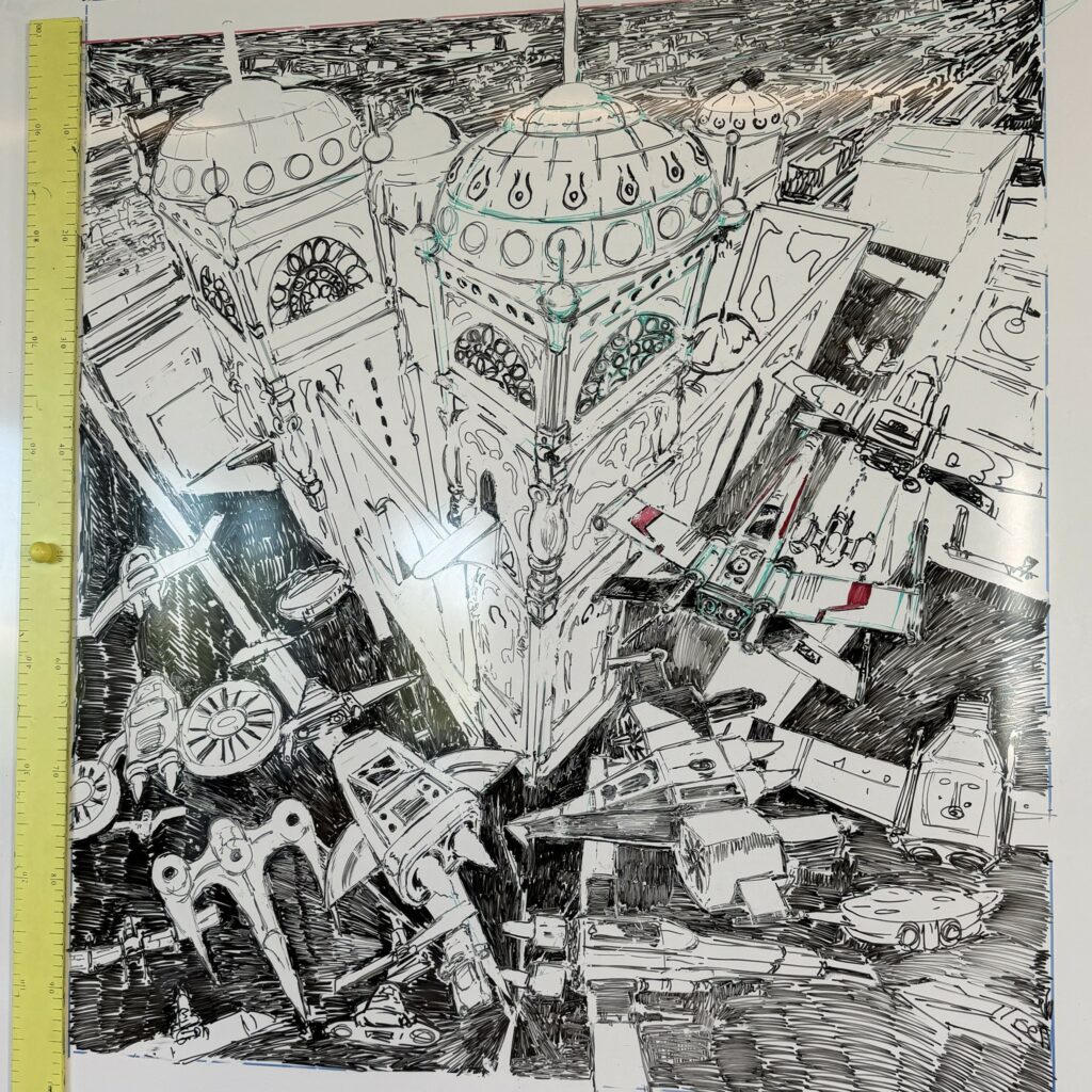 Illustration en noir et blanc réalisée par un participant du stage d'été Pivaut, représentant une ville futuriste mêlant architecture monumentale et vaisseaux spatiaux.