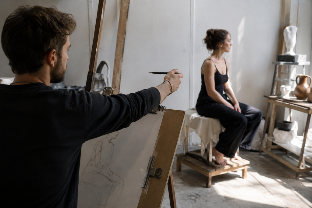 Étudiant réalisant un dessin d'observation d'après un modèle vivant installé dans un atelier de dessin.