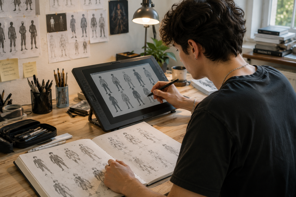 Étudiant réalisant des recherches de silhouettes pour créer un personnage original.
