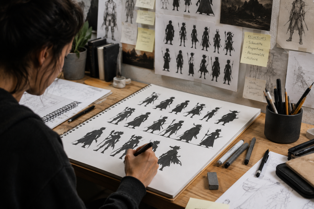 Recherches de silhouettes utilisées pendant la création d'un personnage en animation ou en concept art.