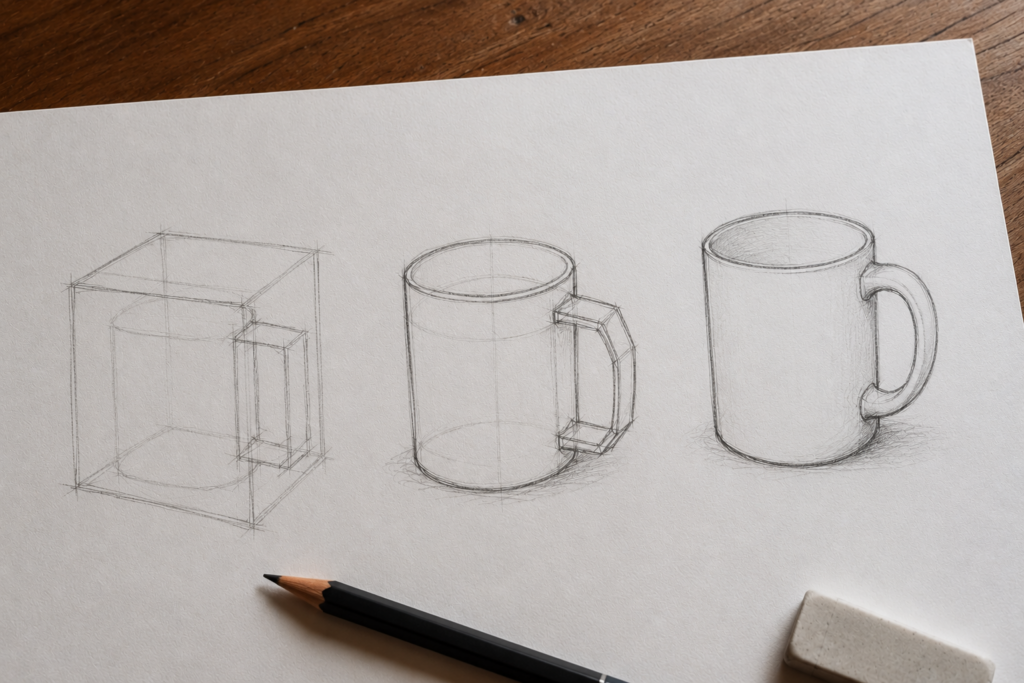 Les trois étapes de construction d'un dessin d'observation : boîte englobante, formes géométriques simples et contour final d'un objet.