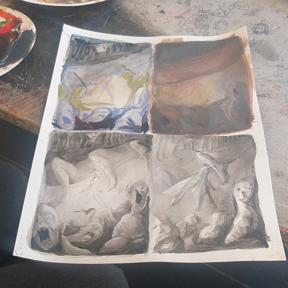 Exercices de peinture et d'illustration réalisés par les stagiaires lors du stage d'été de l'École Pivaut à Toulouse, explorant les valeurs, les ambiances et la composition.