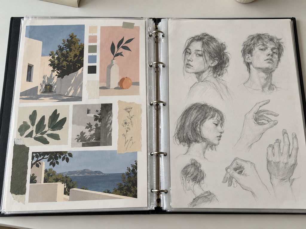 Exemple de portfolio artistique avec dessins et croquis